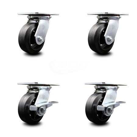 SERVICE CASTER 5 Inch Rubber on Steel Swivel Caster Set with Ball Bearings 2 Brakes SCC SCC-35S520-RSB-2-SLB-2